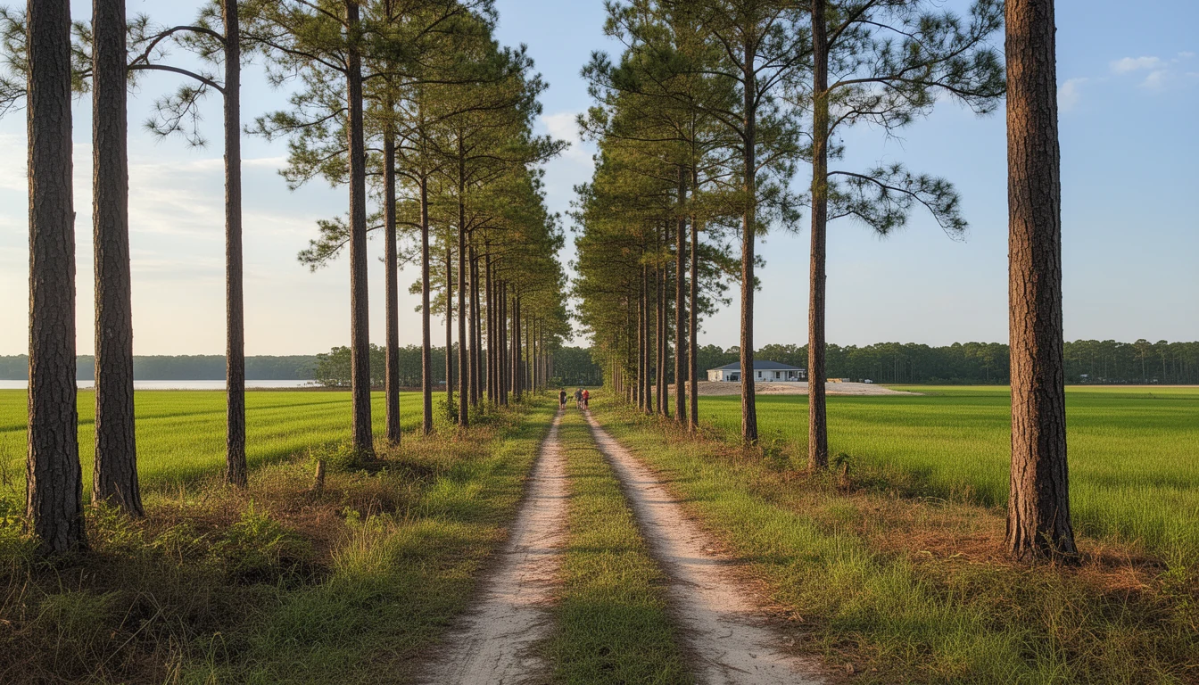 Dirt farm lane between tall loblolly pines leading toward open fields and the river near the Tar River floodplain, Pitt County, North Carolina