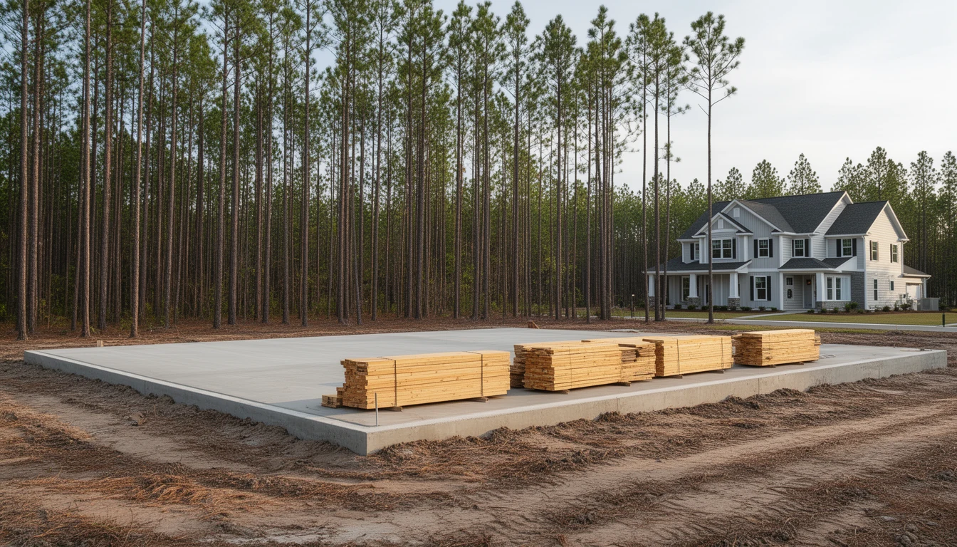 Partially built new-construction homes along a subdivision street in Winterville, North Carolina, with framed walls and fresh brick facades