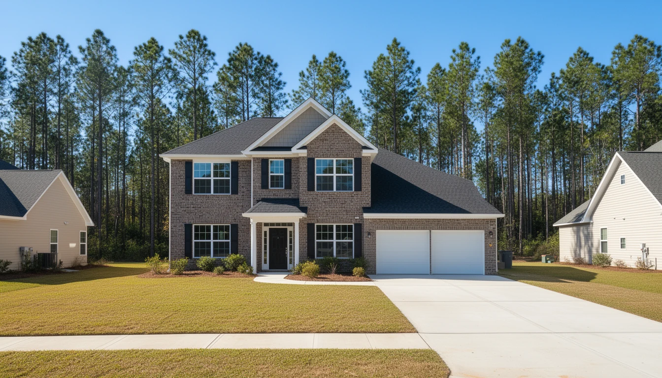 A newly built two-story brick home with a concrete driveway and attached garage on a new street in Winterville, North Carolina, with loblolly pines behind