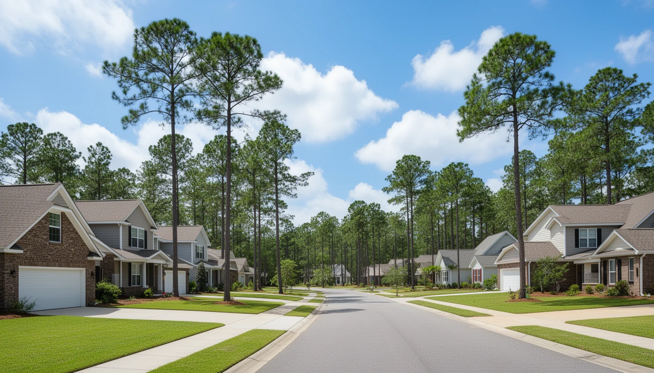 New brick and vinyl homes on a tree-lined suburban street with loblolly pines and the flat eastern North Carolina coastal plain