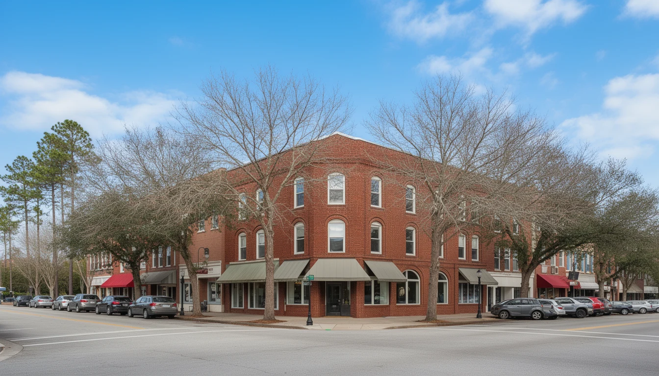 Downtown Greenville NC streetscape with brick storefronts near Evans Street and Reade Circle, wide Carolina sky