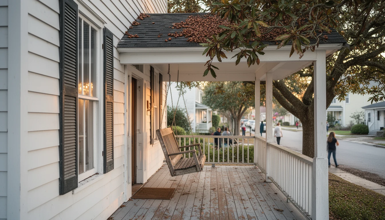 Deep front porch of an older white clapboard house in Ayden, North Carolina, with a porch swing and pecan trees overhead