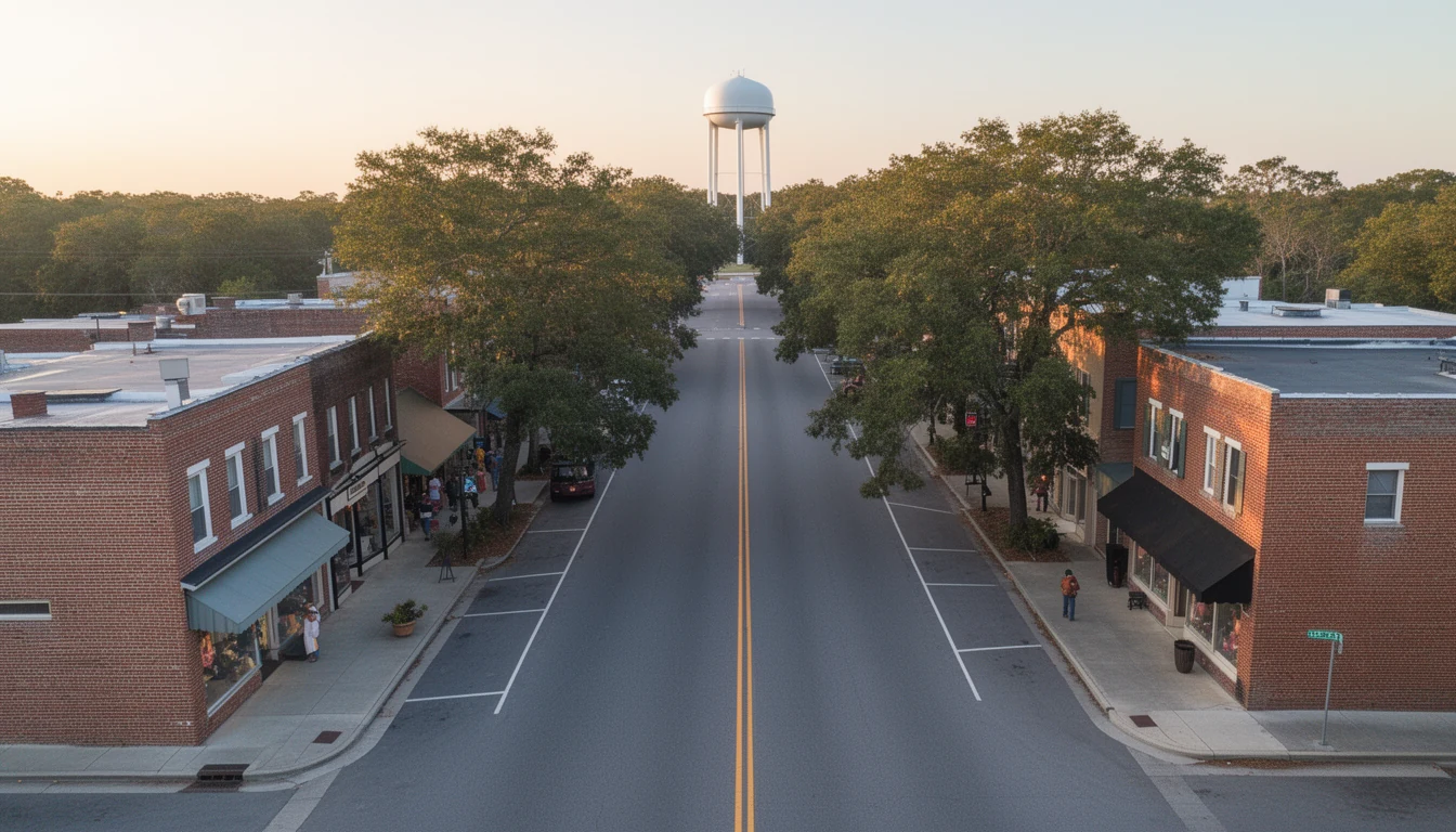 Two-story brick storefronts lining a wide main street in a small eastern North Carolina town, mature pecan trees and a white water tower at the end of the road