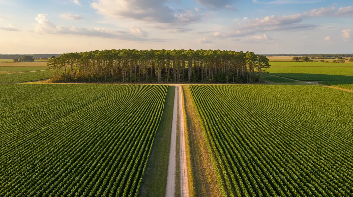 Rows of coastal-plain farmland stretching to the horizon, a farm road cutting through the fields