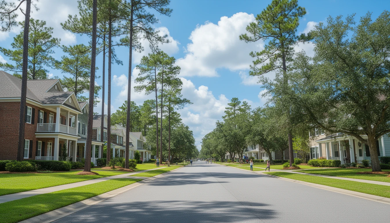 A quiet residential street in Pitt County, with brick and craftsman homes, mature loblolly pines, and green lawns under a bright North Carolina sky