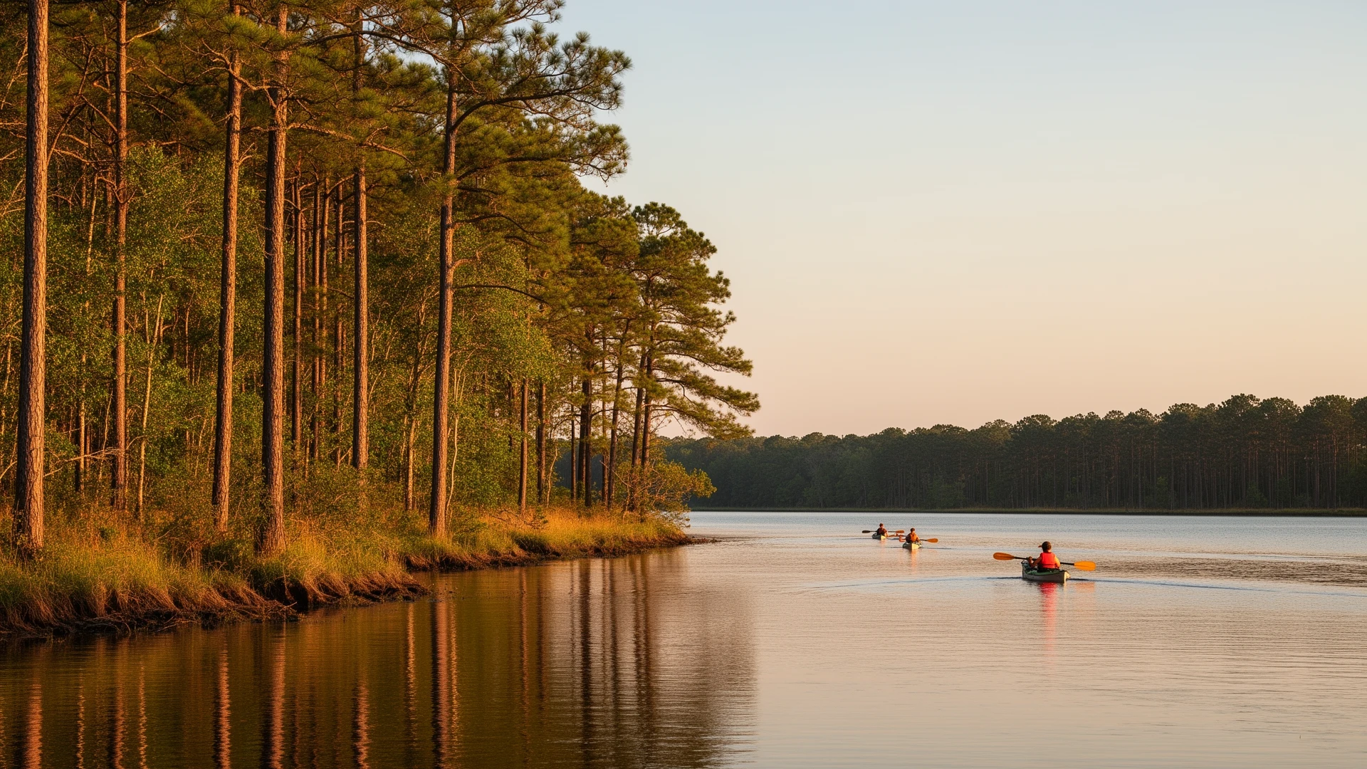 The Tar River greenway at golden hour in Greenville with kayakers at a distance on calm water