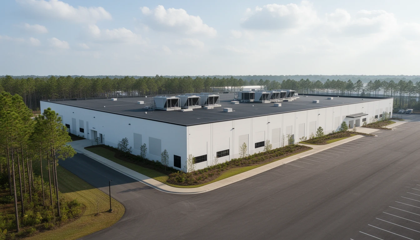 Low-slung modern data center building with roof-mounted HVAC units, loblolly pines at the property edge, flat eastern North Carolina landscape