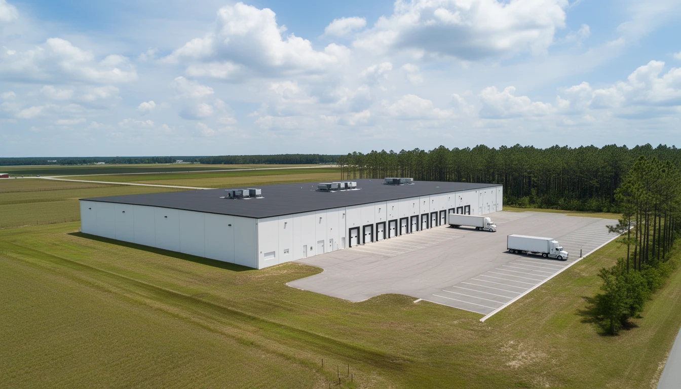 Long white tilt-wall industrial warehouse with a flat gray roof beside a parking apron, loblolly pines and the flat eastern North Carolina coastal plain