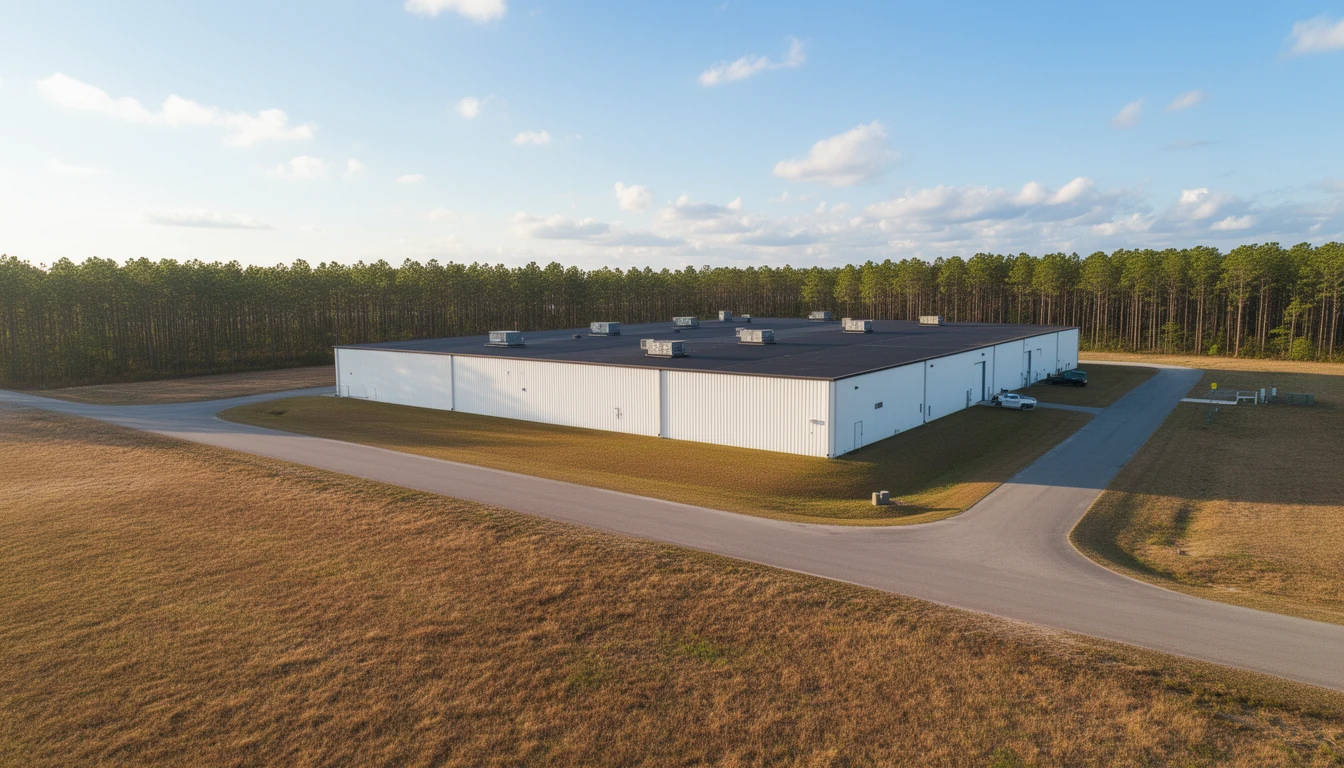 Low white tilt-wall industrial building with flat roof and rooftop HVAC units beyond an open field of dry grass, loblolly pine tree line at the property edge, flat eastern North Carolina coastal plain under a wide blue sky