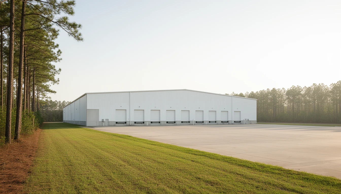 Low white tilt-wall industrial building with blank closed loading dock doors above a concrete truck apron, mown grass verge and loblolly pine treeline under a hazy bright sky on the flat coastal plain north of Greenville