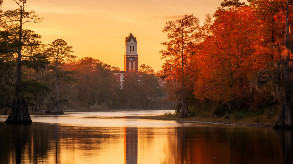 Tar River near downtown Greenville with ECU tower rising above autumn trees at golden hour, warm sunset light on calm water