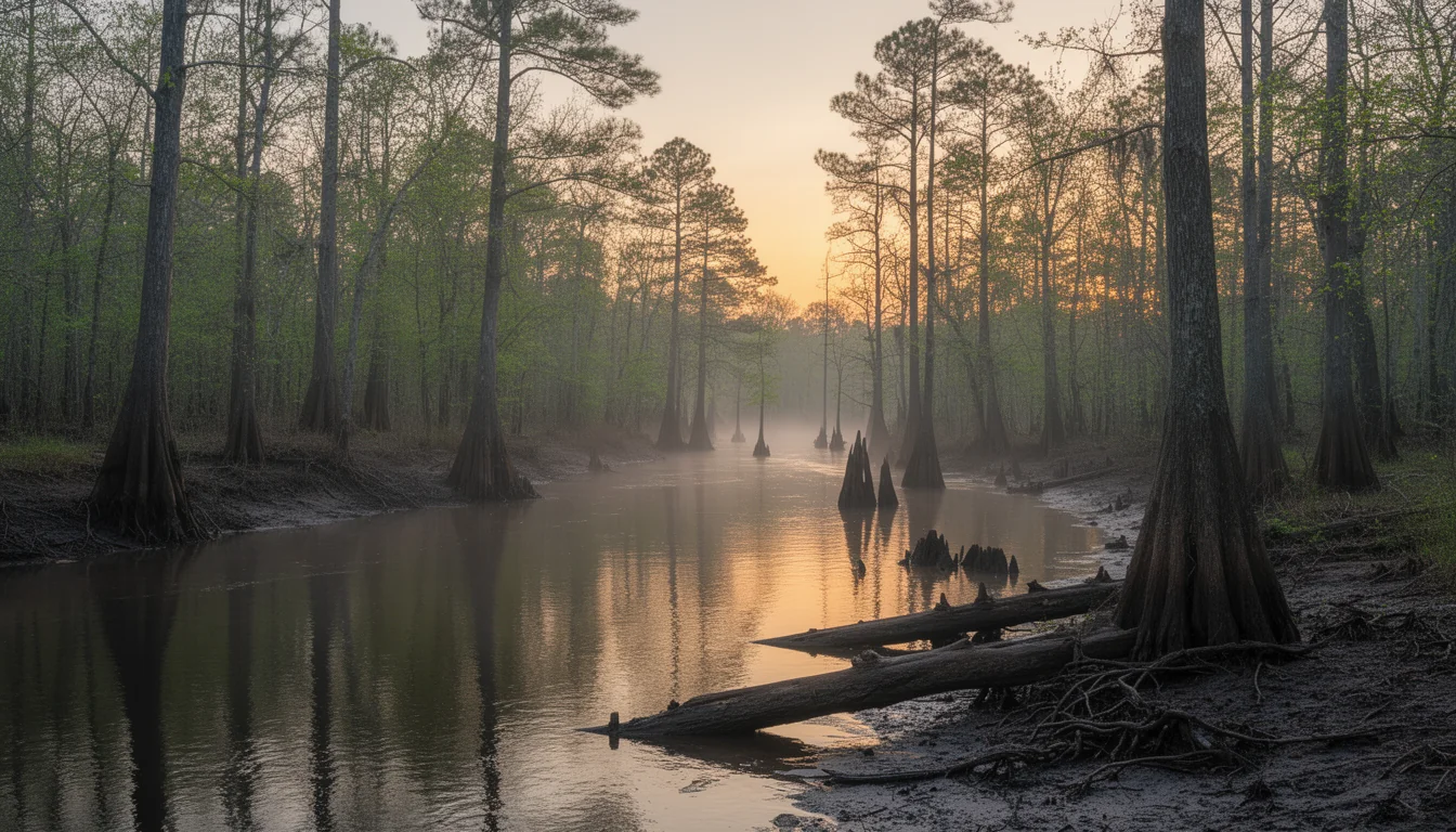 Tar River at River Park North in Greenville at golden hour, calm water reflecting autumn trees along the shoreline