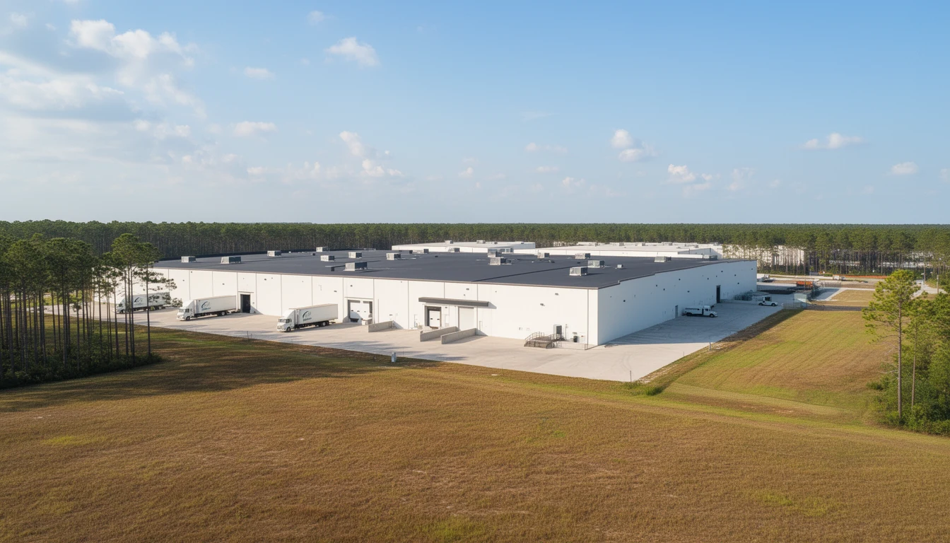 Low white tilt-wall industrial building with roof HVAC units, loblolly pines at the property edge, flat eastern North Carolina coastal plain